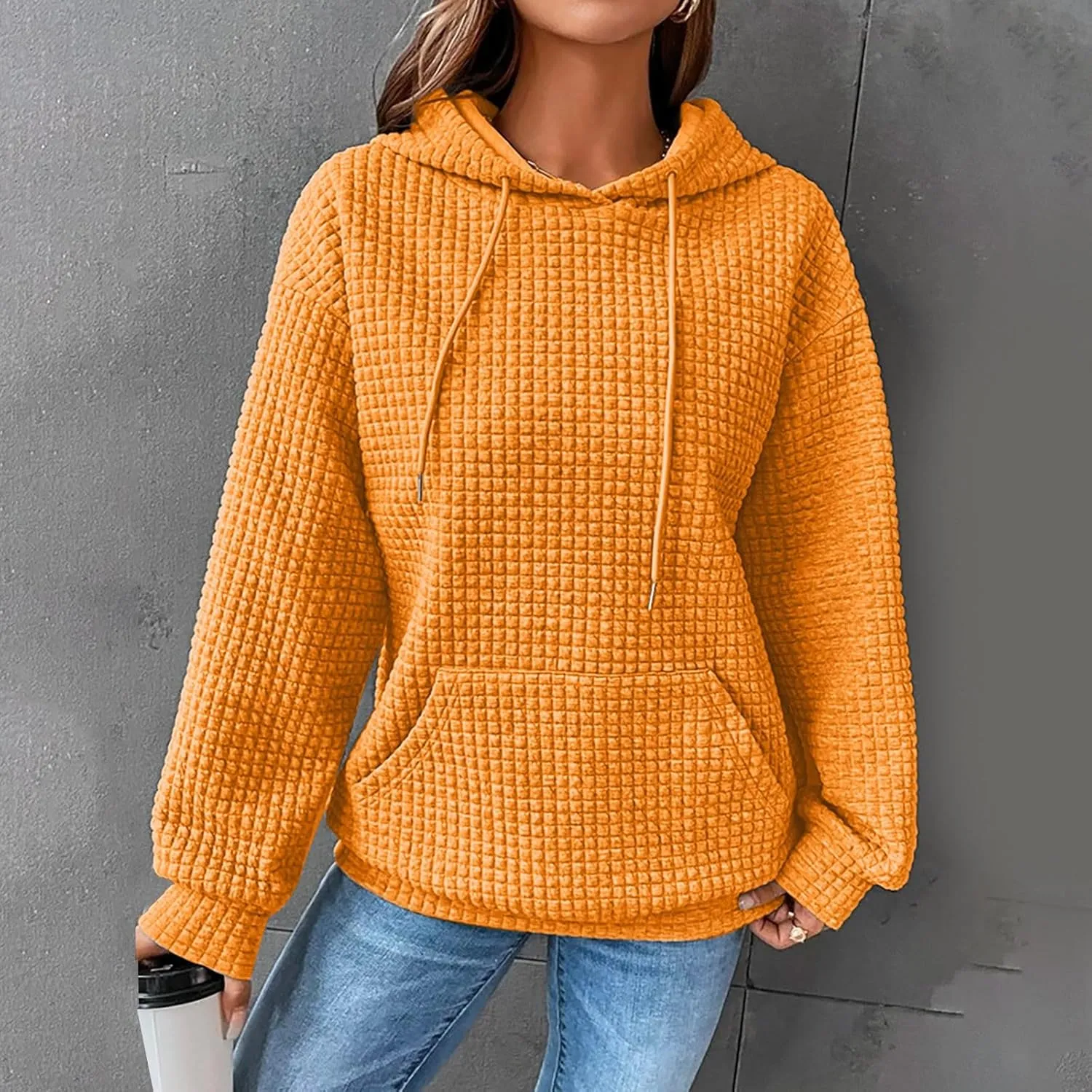 aihihe Women's Lightweight Waffle Hoodies 2023 Fall Casual Sweatshirt Trendy Dressy Drawstring Pullover Tops with Pockets