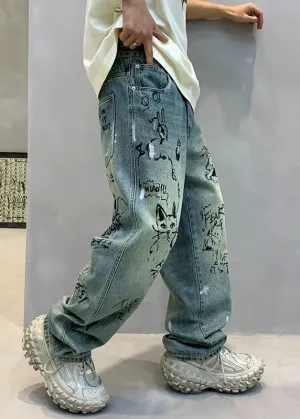 Art Denim Blue High Wais Print Mens Pants F4213