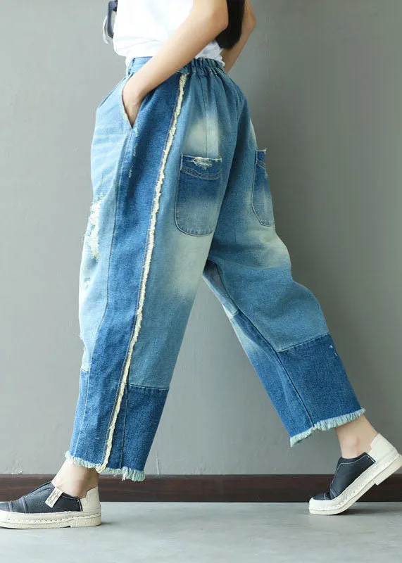 Art Light Blue Tasseled Pockets Patchwork Denim Pants