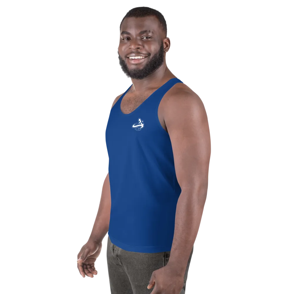Athletic Apparatus Blue 2 White logo Unisex Tank Top