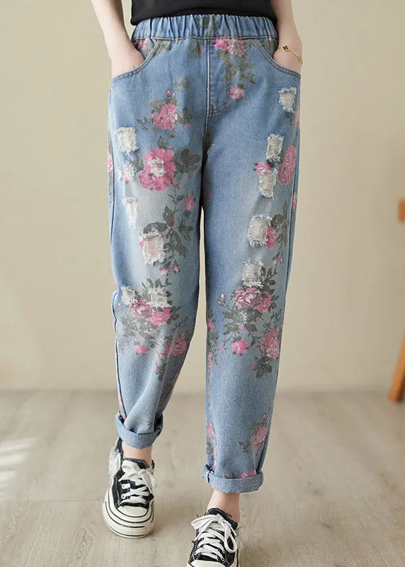 Beautiful Blue Print High Waist Denim Harem Pants