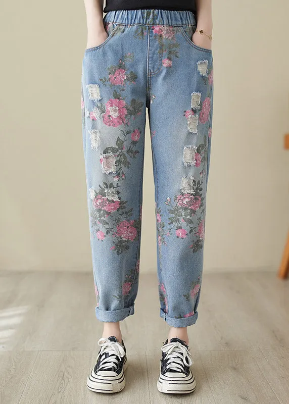 Beautiful Blue Print High Waist Denim Harem Pants