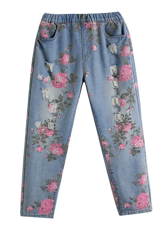 Beautiful Blue Print High Waist Denim Harem Pants