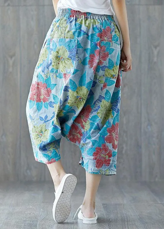 Beautiful Green Pockets Hole Print Fall Floral Pants Cotton