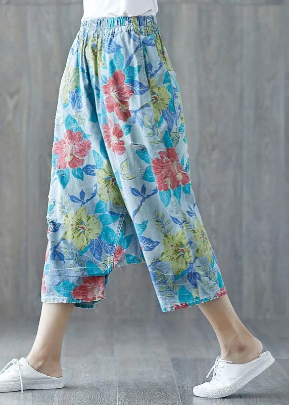 Beautiful Green Pockets Hole Print Fall Floral Pants Cotton