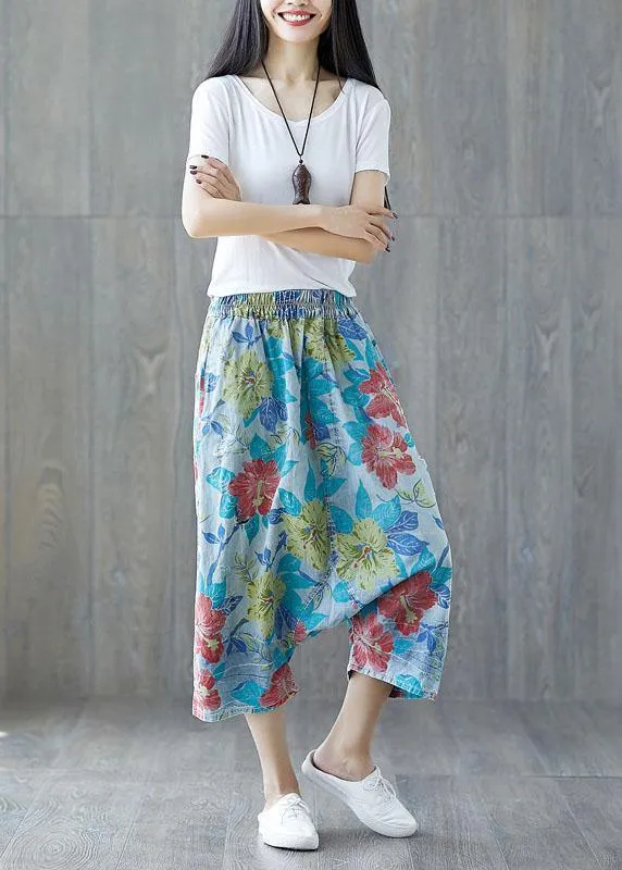Beautiful Green Pockets Hole Print Fall Floral Pants Cotton