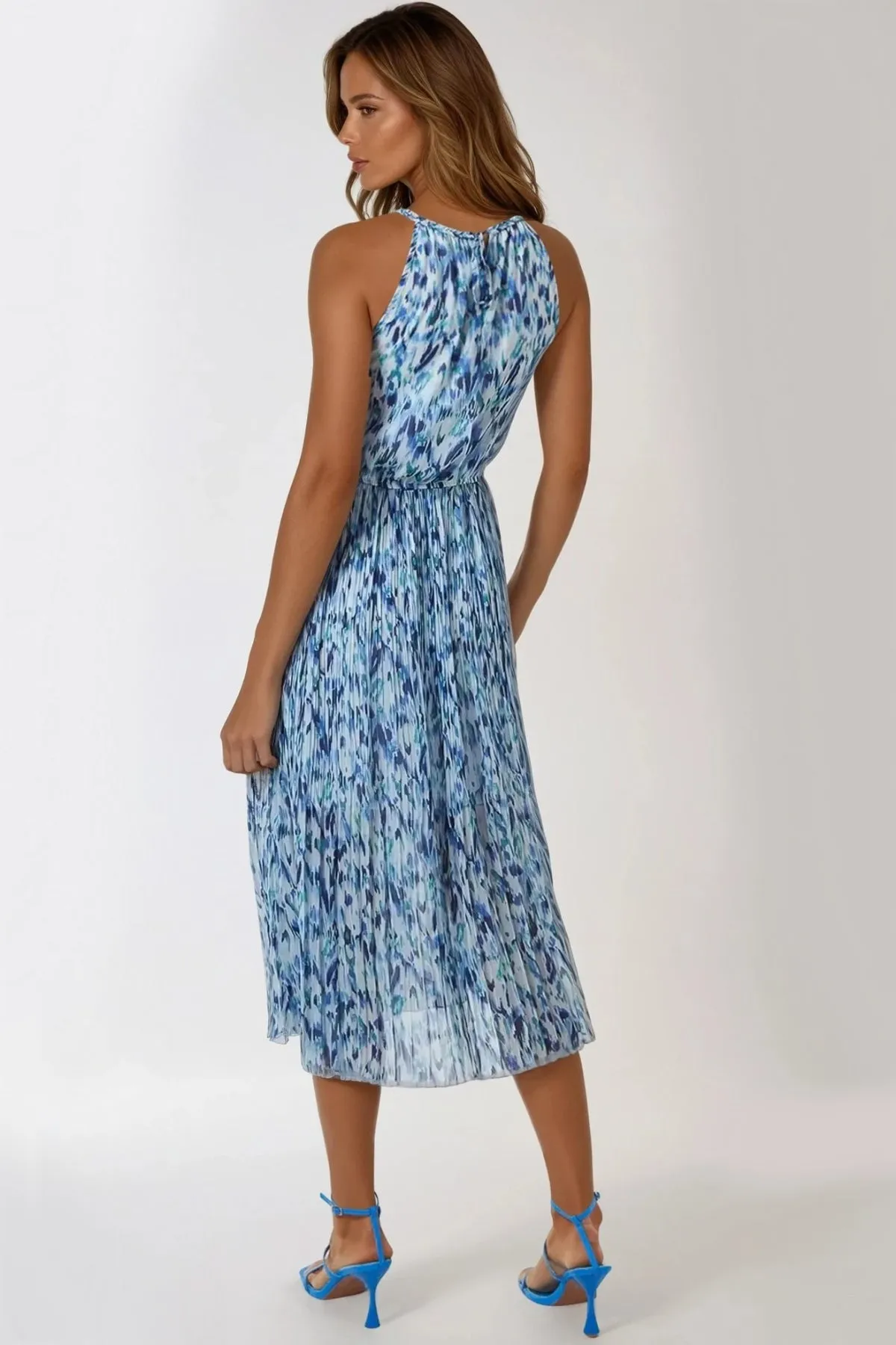 Blue Abstract Print Halterneck Midi Dress