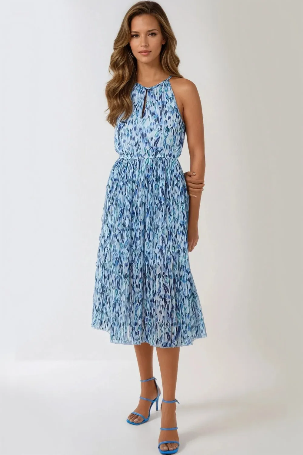 Blue Abstract Print Halterneck Midi Dress