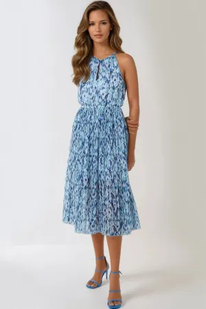 Blue Abstract Print Halterneck Midi Dress