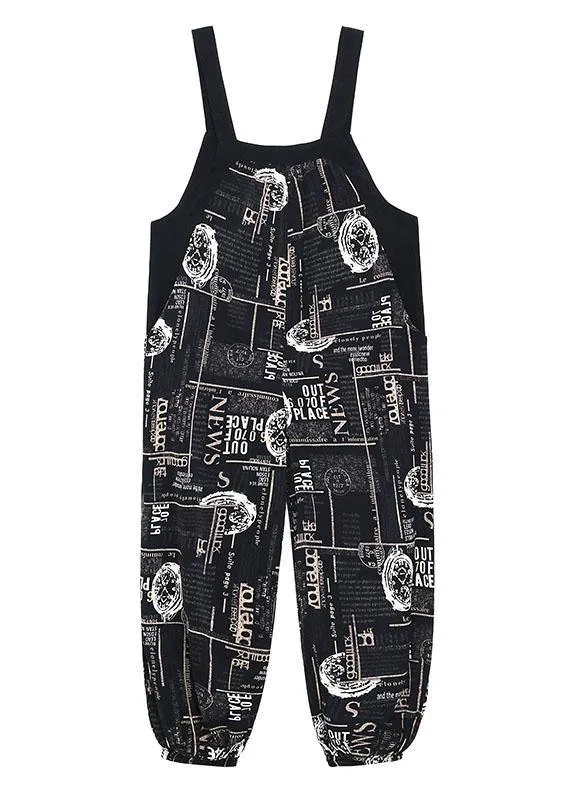 Boho Black Print Pockets carpenter pants Pants