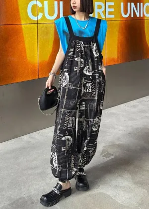 Boho Black Print Pockets carpenter pants Pants