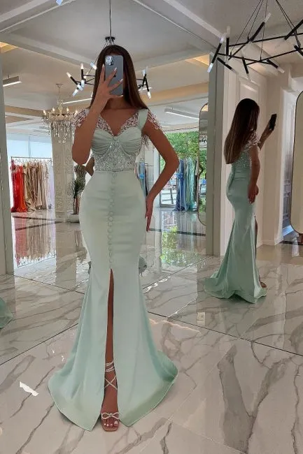 Chic Long Mint Green Straps Sequined Evening Dresses With Slit