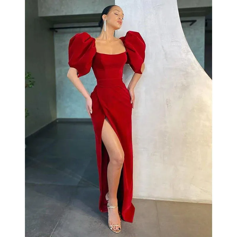 Chic Scoop Puffy Sleeves Vintage Formal Evening Gowns with Slit
