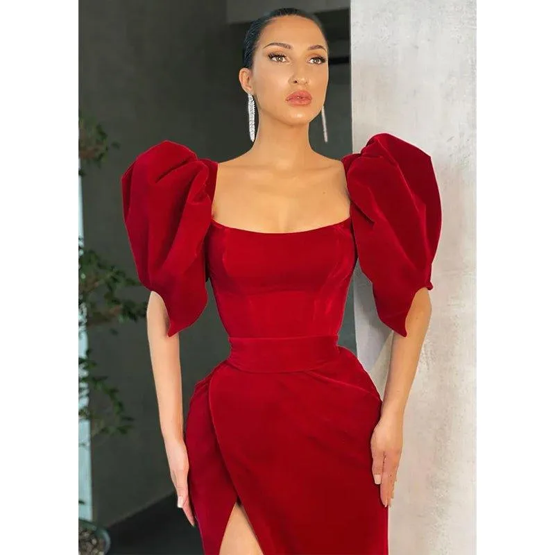 Chic Scoop Puffy Sleeves Vintage Formal Evening Gowns with Slit