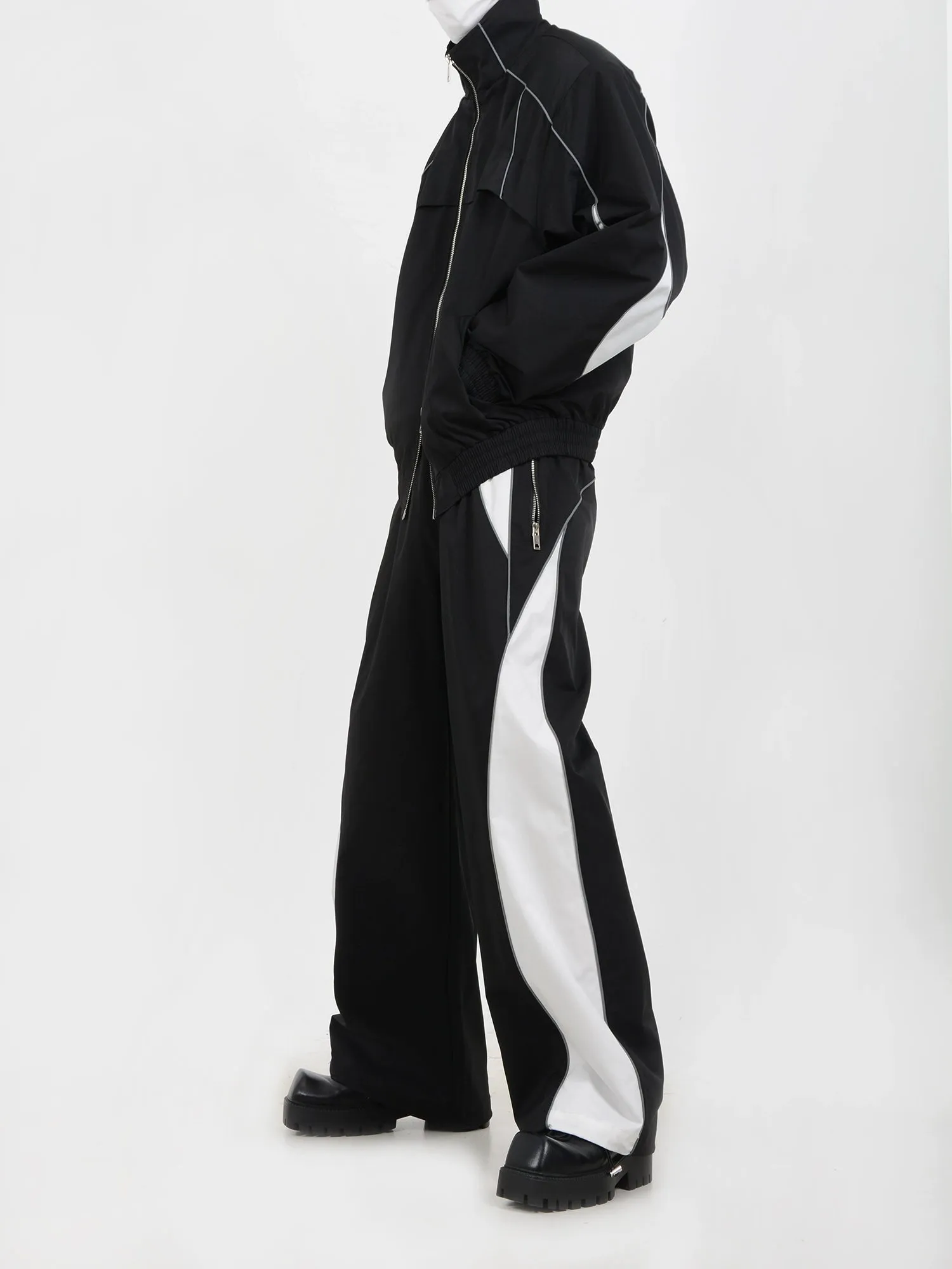 Contrast Color Sporty Jacket & Wide-leg Sporty Pants Setup WN5115