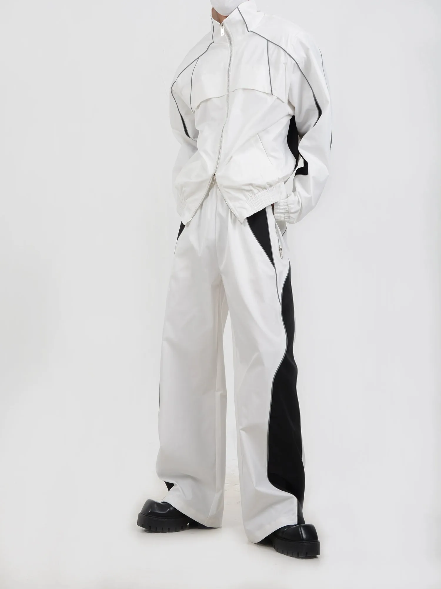 Contrast Color Sporty Jacket & Wide-leg Sporty Pants Setup WN5115