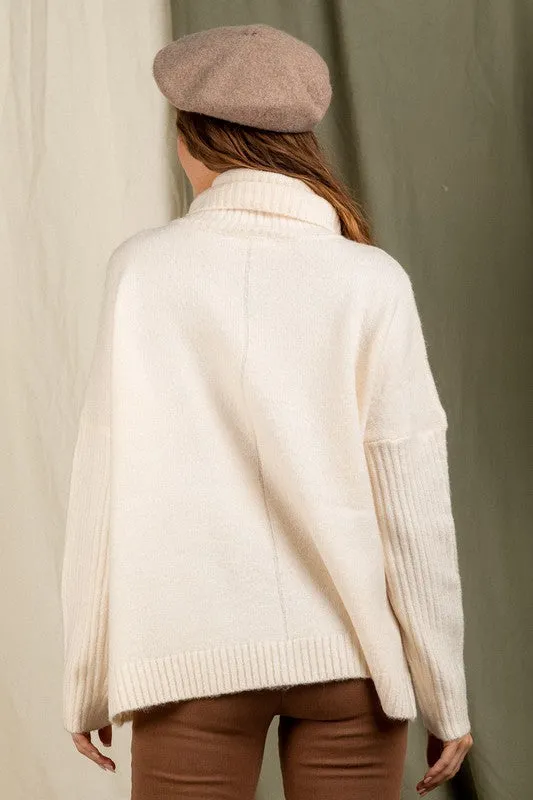 Cream Turtleneck Pocket Sweater