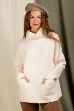Cream Turtleneck Pocket Sweater
