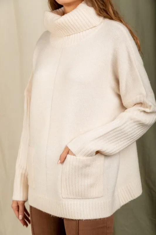 Cream Turtleneck Pocket Sweater