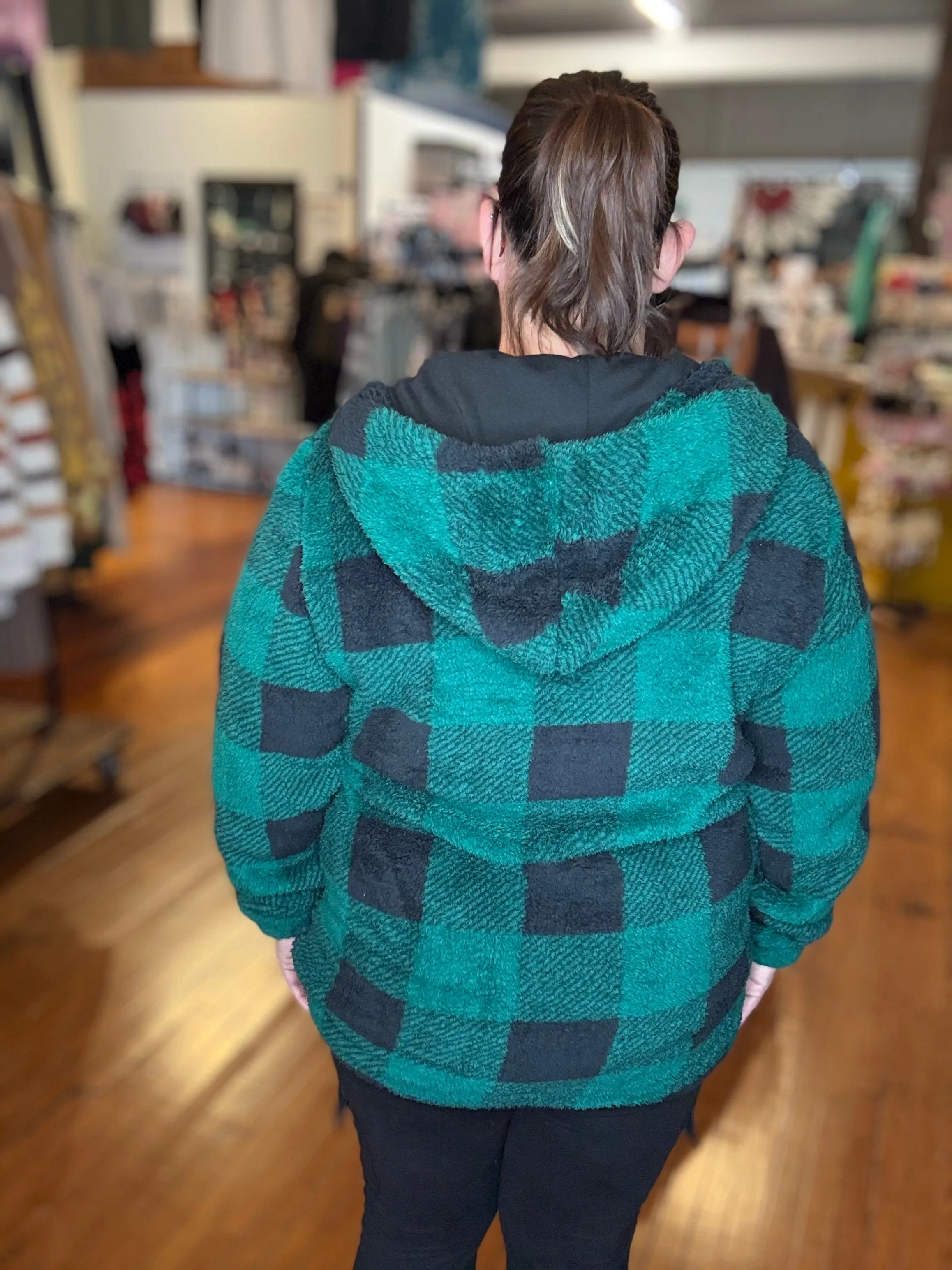 Erika - Sherpa Fullzip Hoodie - Green Plaid