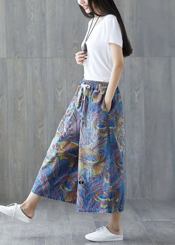 Fashion Blue Pockets Print Tie Waist Fall Wide Leg Pants