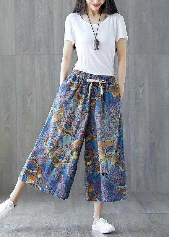 Fashion Blue Pockets Print Tie Waist Fall Wide Leg Pants