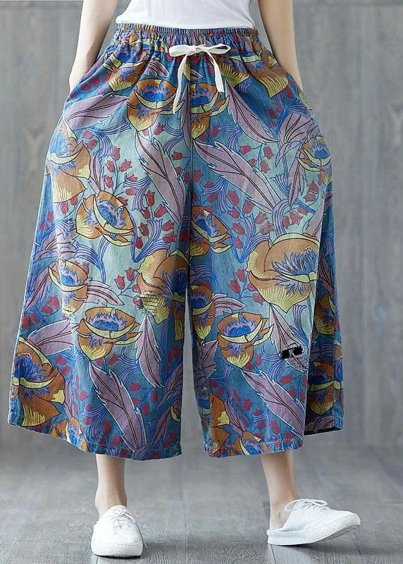 Fashion Blue Pockets Print Tie Waist Fall Wide Leg Pants
