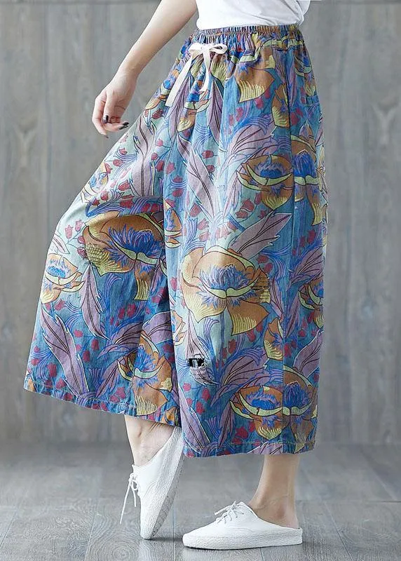 Fashion Blue Pockets Print Tie Waist Fall Wide Leg Pants