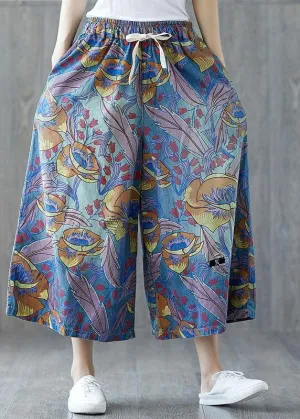 Fashion Blue Pockets Print Tie Waist Fall Wide Leg Pants