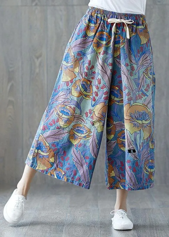 Fashion Blue Pockets Print Tie Waist Fall Wide Leg Pants