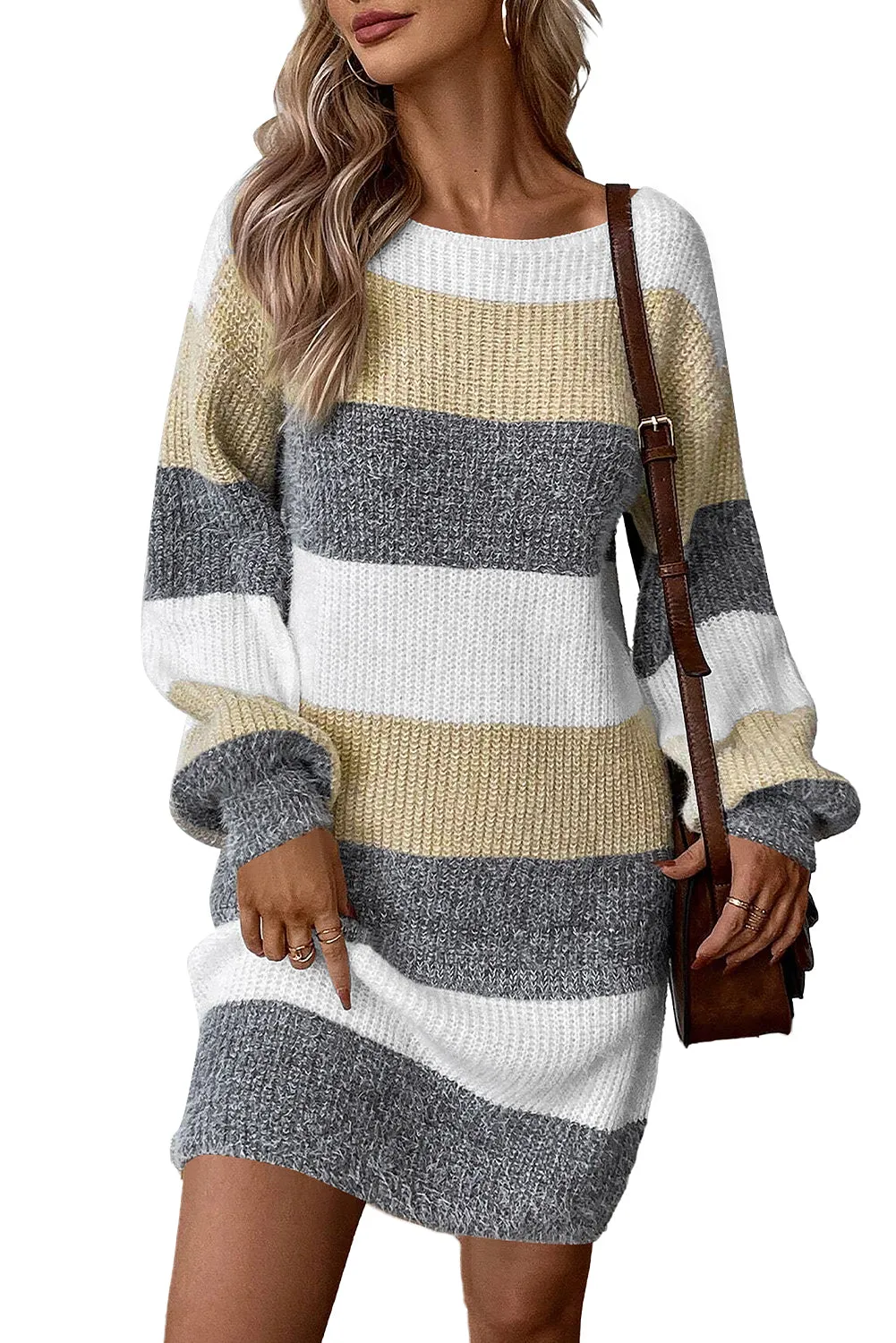 Gray Stripe Colorblock Bubble Sleeve Drop Shoulder Sweater Dress