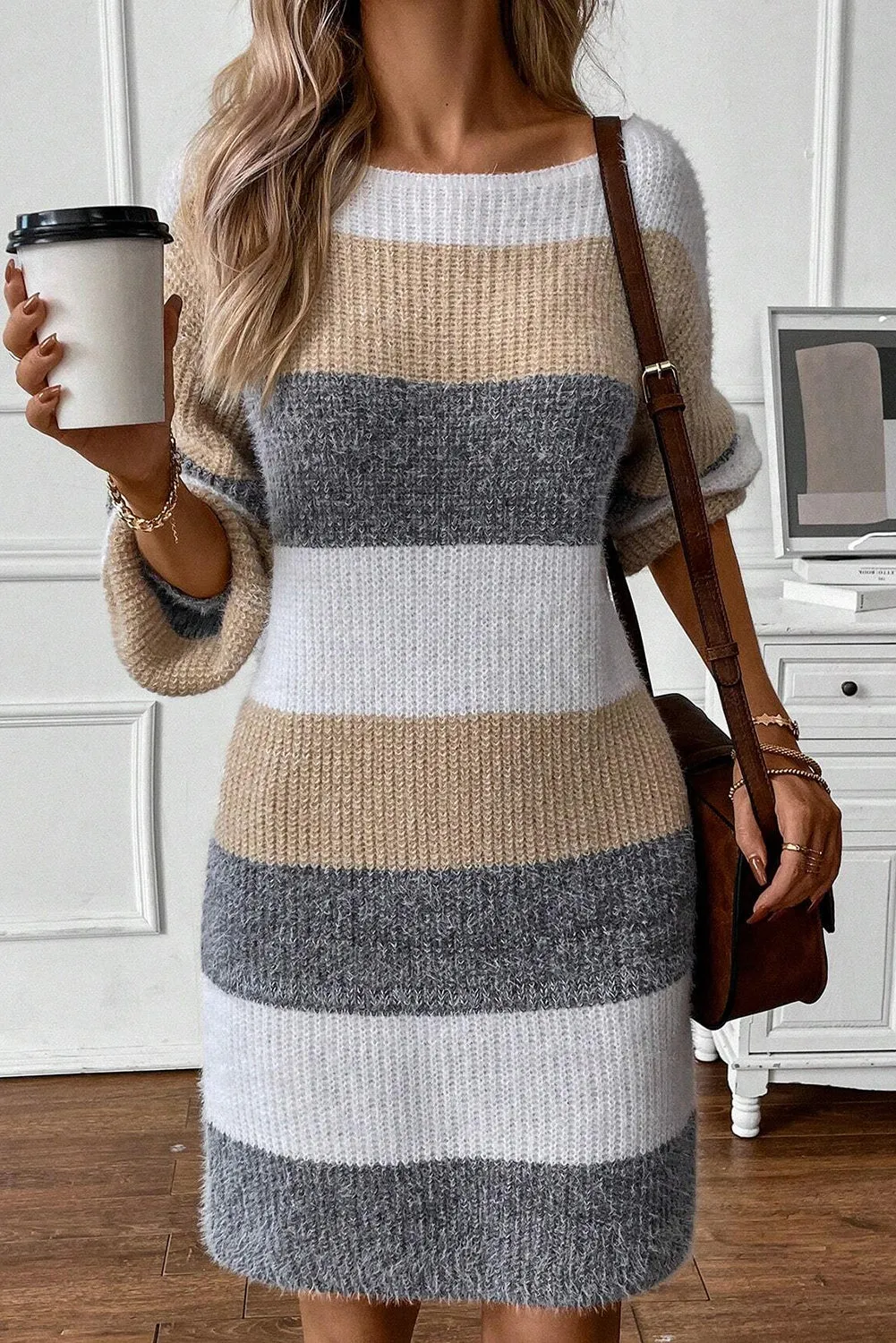 Gray Stripe Colorblock Bubble Sleeve Drop Shoulder Sweater Dress