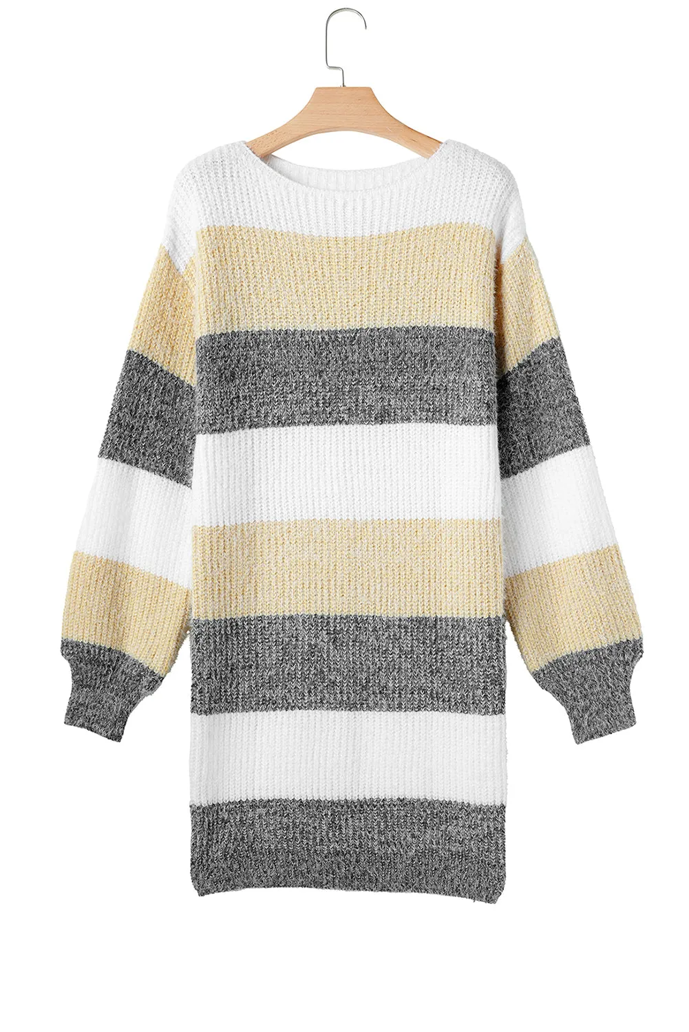 Gray Stripe Colorblock Bubble Sleeve Drop Shoulder Sweater Dress