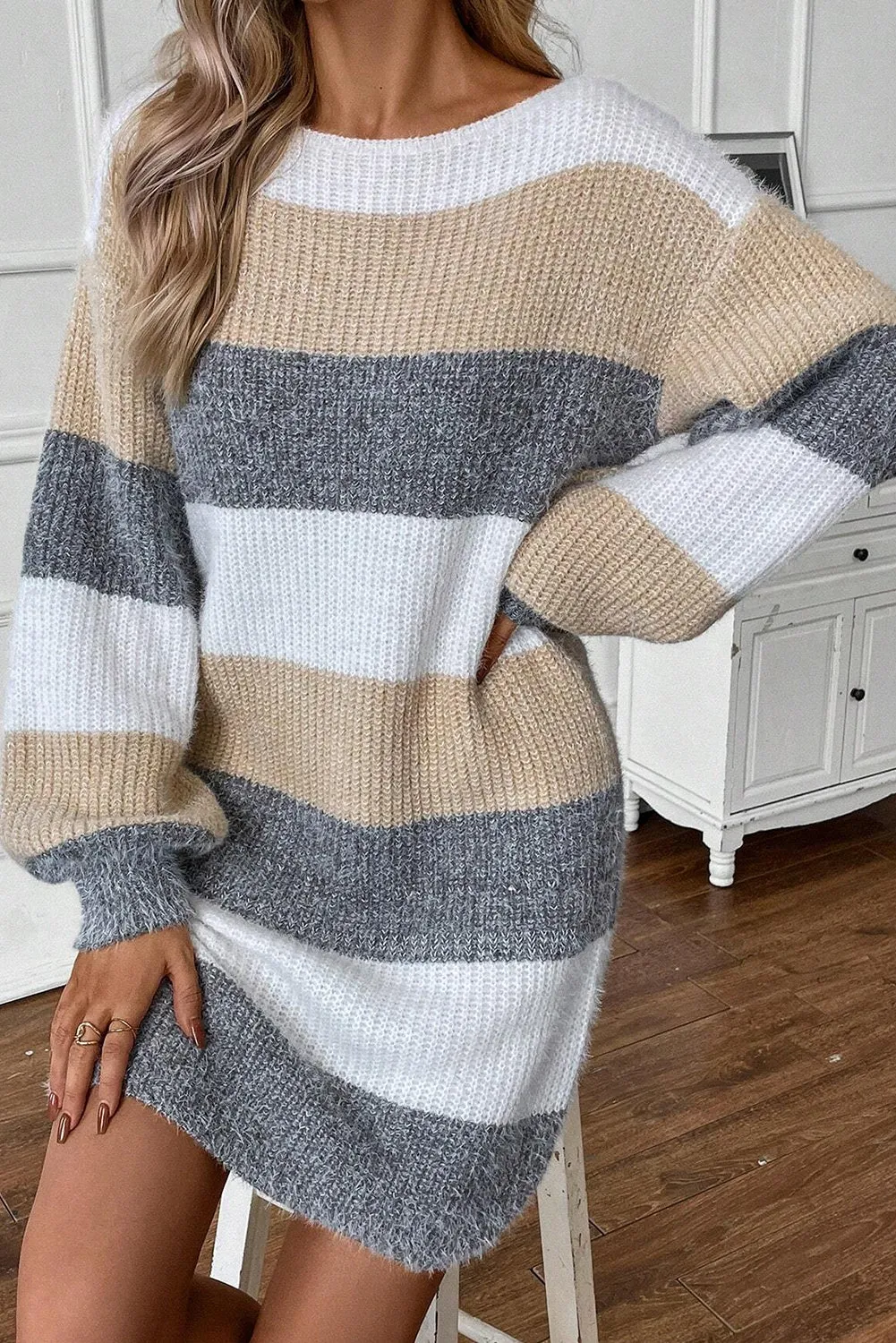 Gray Stripe Colorblock Bubble Sleeve Drop Shoulder Sweater Dress