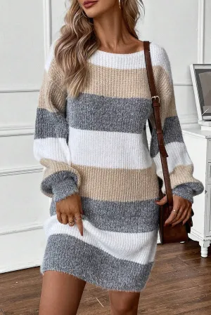 Gray Stripe Colorblock Bubble Sleeve Drop Shoulder Sweater Dress