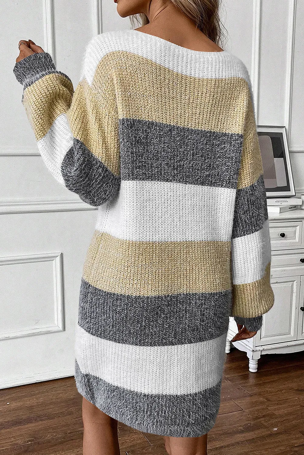 Gray Stripe Colorblock Bubble Sleeve Drop Shoulder Sweater Dress