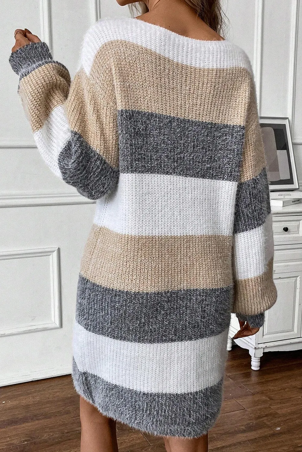 Gray Stripe Colorblock Bubble Sleeve Drop Shoulder Sweater Dress