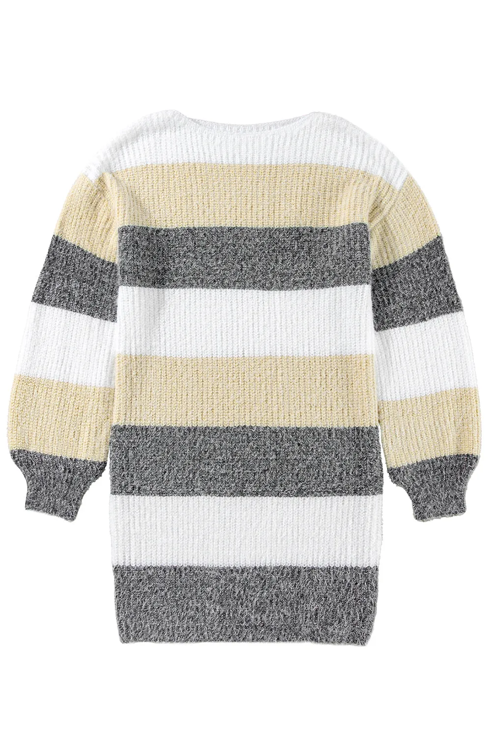 Gray Stripe Colorblock Bubble Sleeve Drop Shoulder Sweater Dress