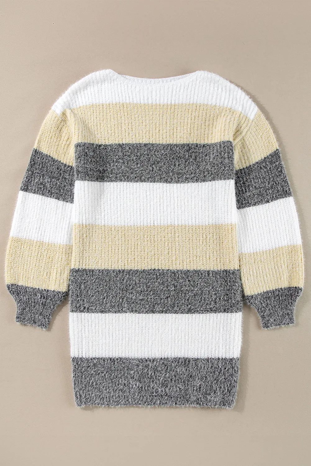 Gray Stripe Colorblock Bubble Sleeve Drop Shoulder Sweater Dress