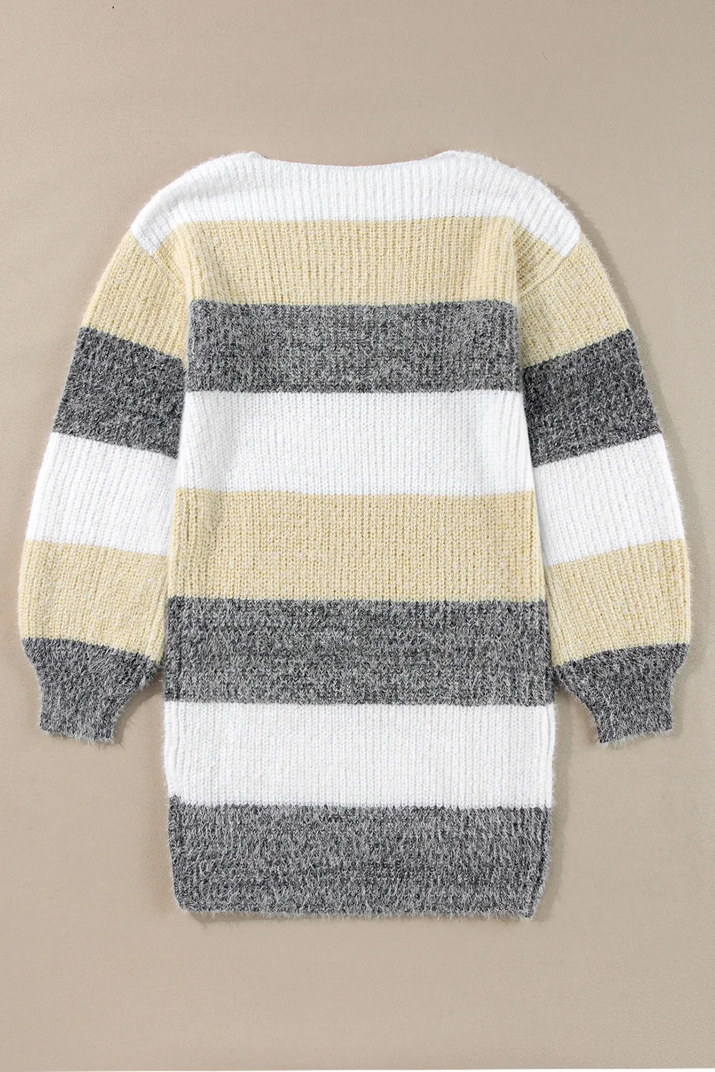 Gray Stripe Colorblock Bubble Sleeve Drop Shoulder Sweater Dress