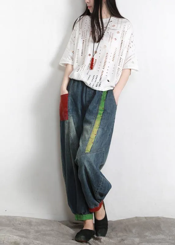 Handmade Blue Elastic Waist Patchwork Summer Pants