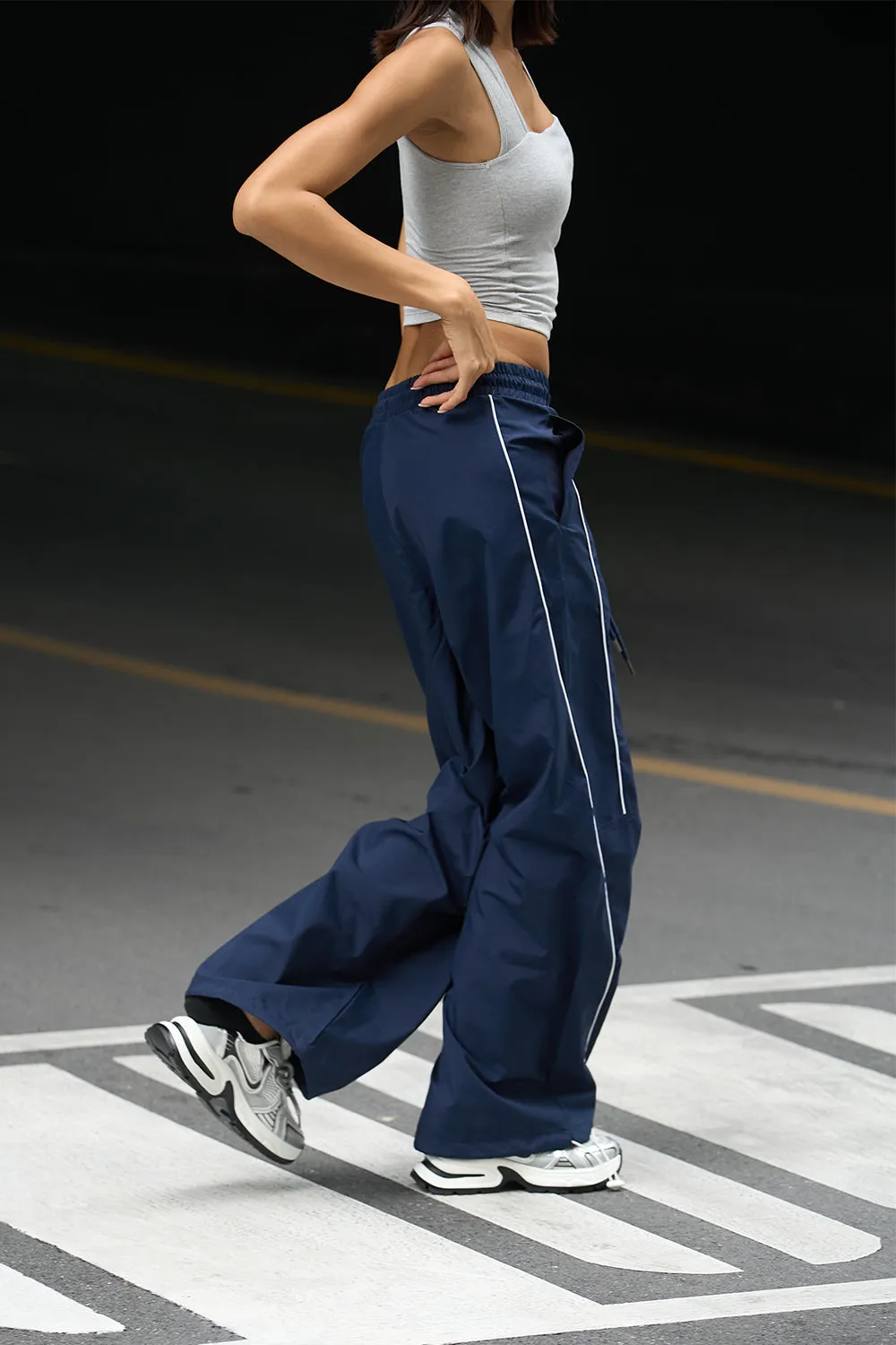 Navy Blue Sporty Deconstructed Loose Pants