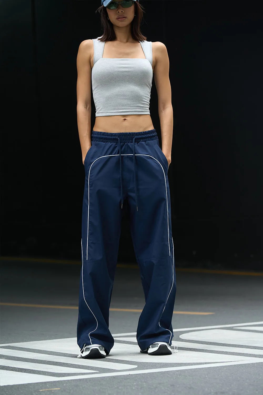 Navy Blue Sporty Deconstructed Loose Pants