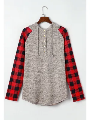 NicholesGifts Women Plaid Half Snap Long Sleeve Hoodie
