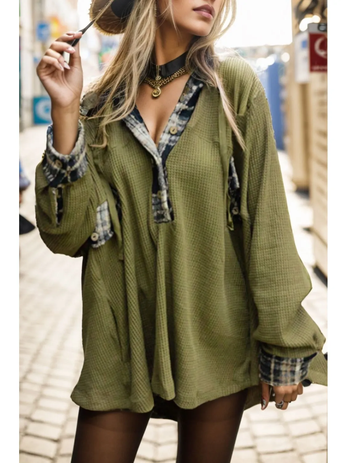 NicholesGifts Women Waffle-Knit Buttoned Long Sleeve Hoodie