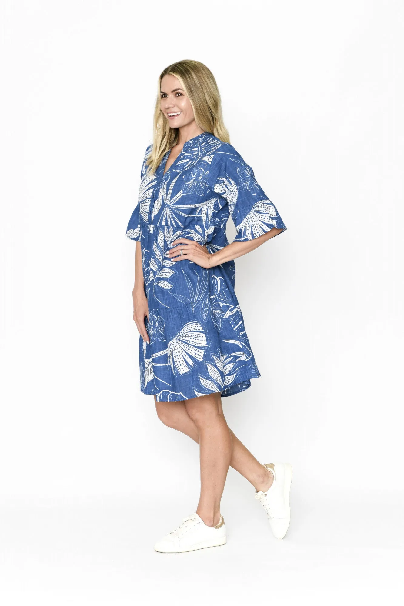 One Summer Maya Button V Neck Layer Dress Indigo 8
