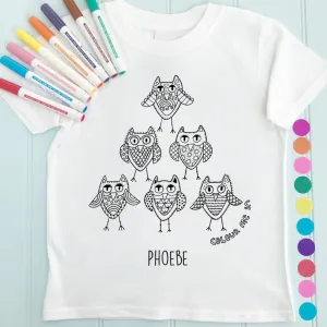 Owls Girls T-Shirt Personalised To Colour in