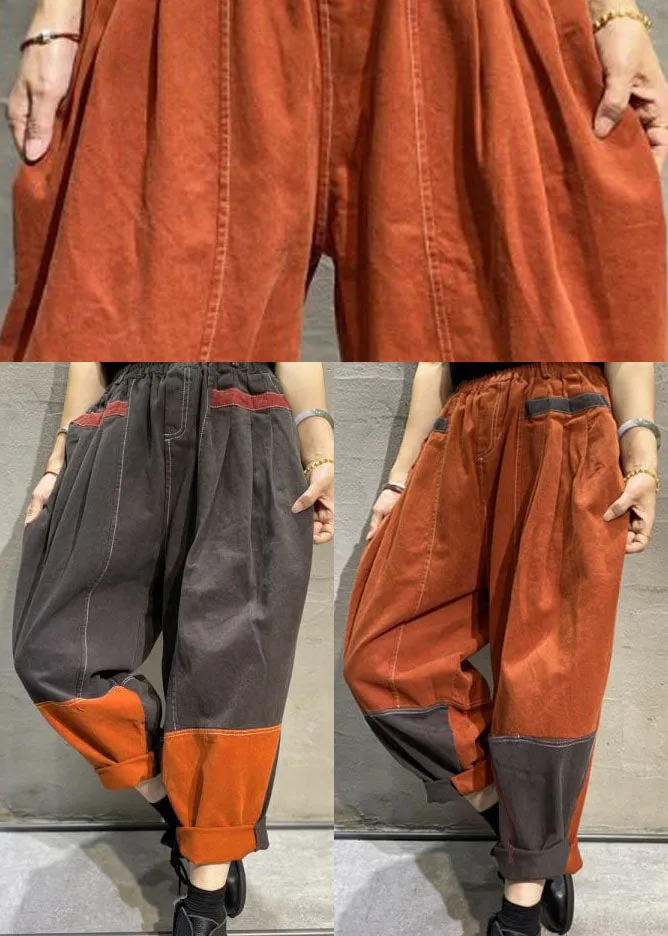 Plus Size Orange Pockets Cotton Pants Spring