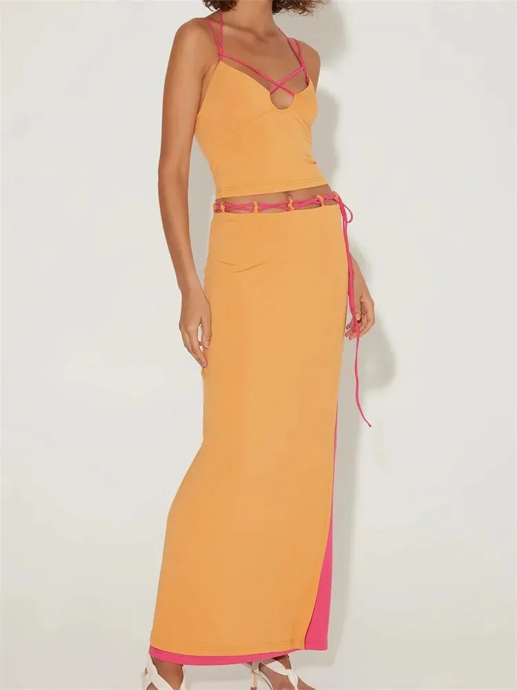 Spaghetti Strap Halter Camisole Split Long Skirt Suit