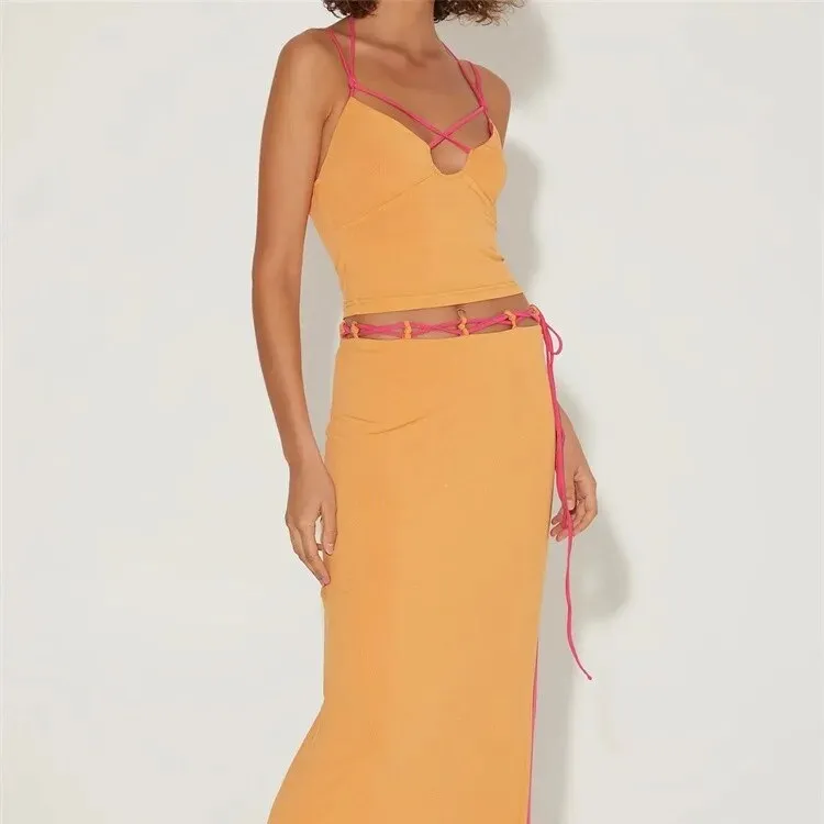 Spaghetti Strap Halter Camisole Split Long Skirt Suit
